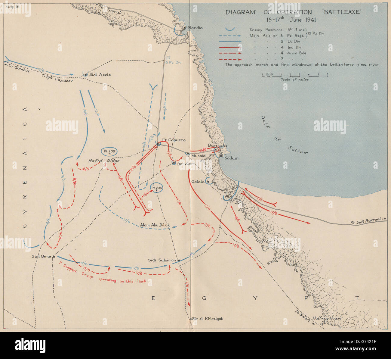 WW2 NORTH AFRICAN CAMPAIGN. Operation Battleaxe 15-17 June 1941. Libya, 1956 map Stock Photo