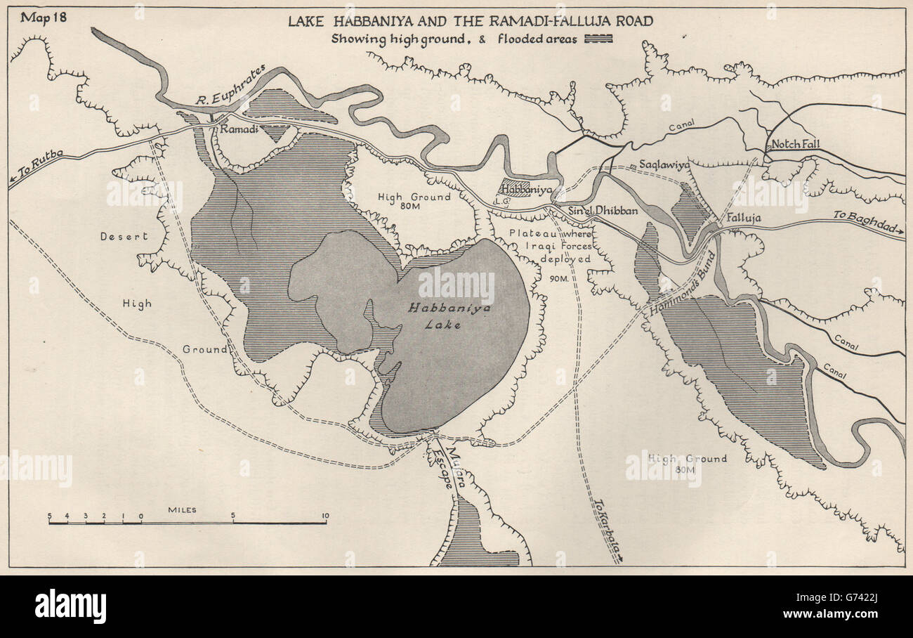 ANGLO-IRAQI WAR 1941. Lake Habbaniya. Ramadi-Falluja road, 1956 vintage map Stock Photo