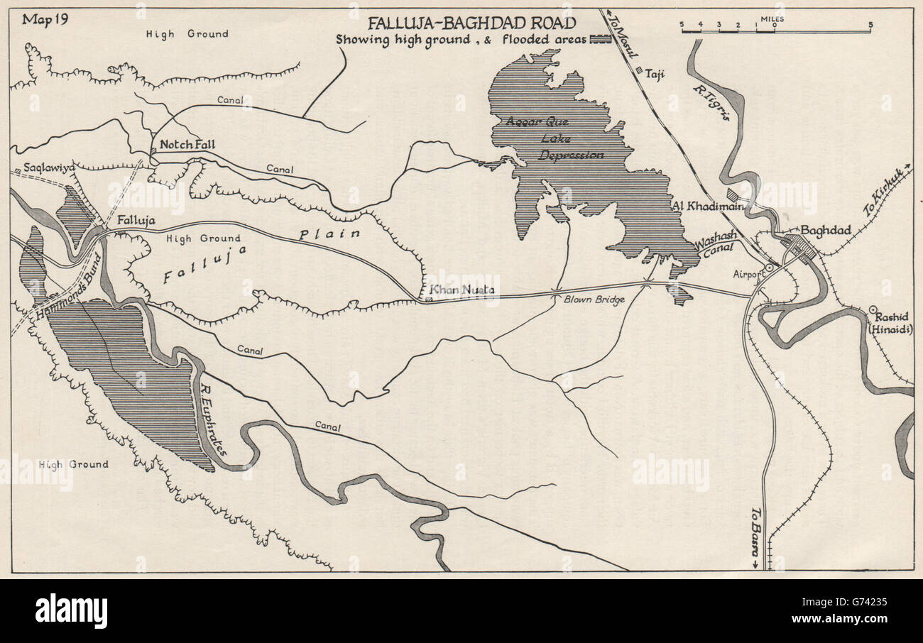 ANGLO-IRAQI WAR 1941. Falluja-Baghdad road. High ground & flooded areas 1956 map Stock Photo