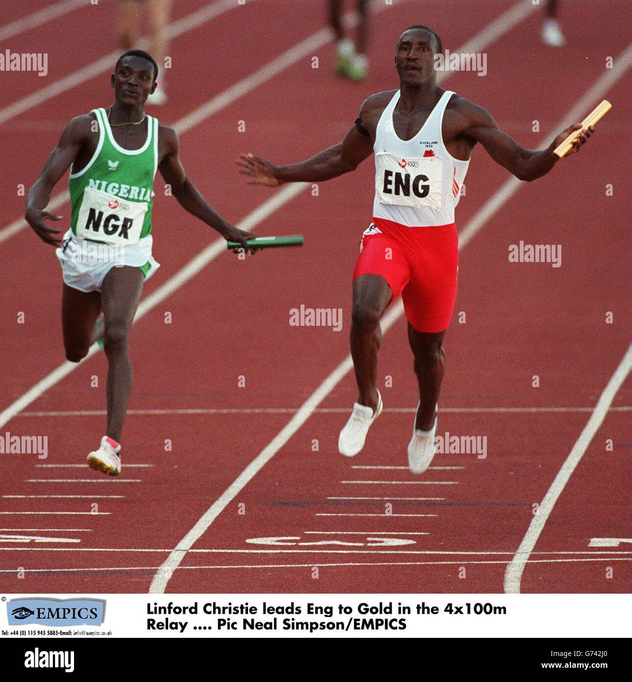 Commonwelth Games from Auckland, New Zealand. Linford Christie leads Eng to Gold in the 4x100m Relay Stock Photo