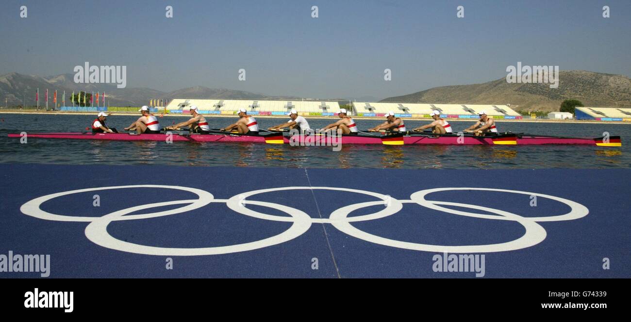 The German men's eight during practice at the Olympic rowing centre outside Athens. Stock Photo