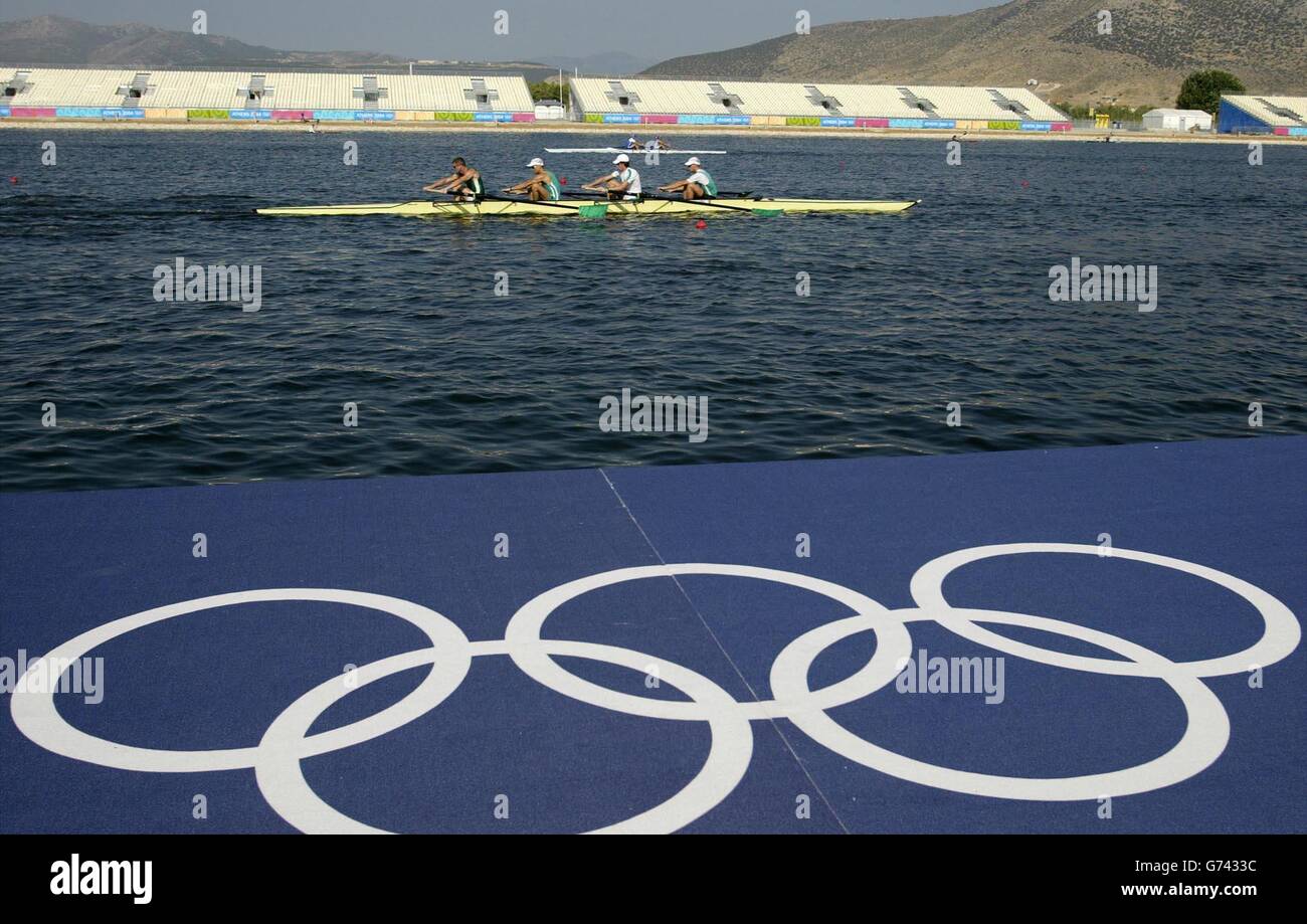 The Irish lightweight men's rowing team. The Irish lightweight mens four during practice at the Olympic rowing centre outside Athens. Stock Photo