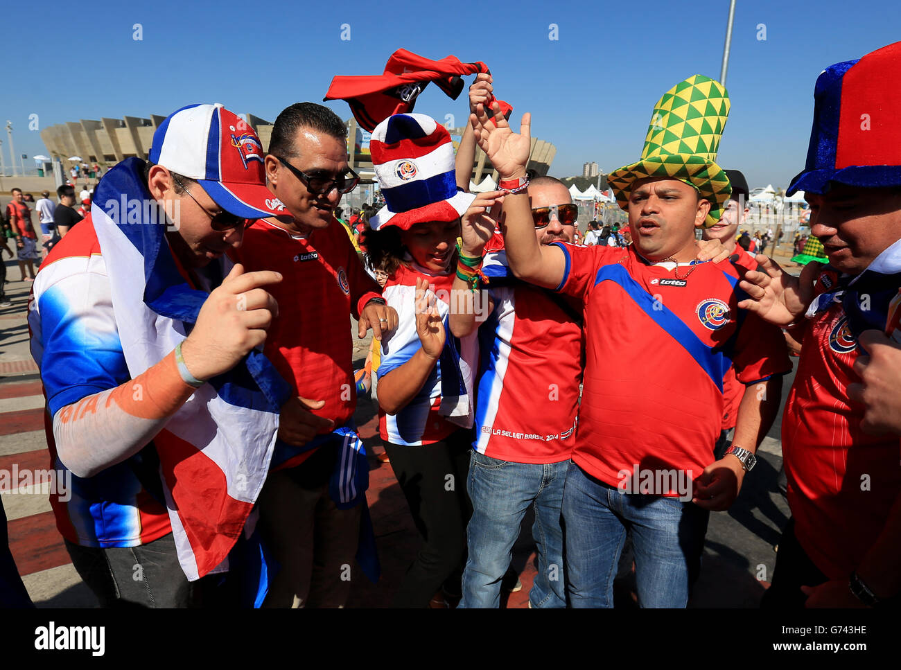 Costa Rica fans gather outside the stadium before the FIFA World Cup, Group D match at the Estadio Mineirao, Belo Horizonte, Brazil. Stock Photo