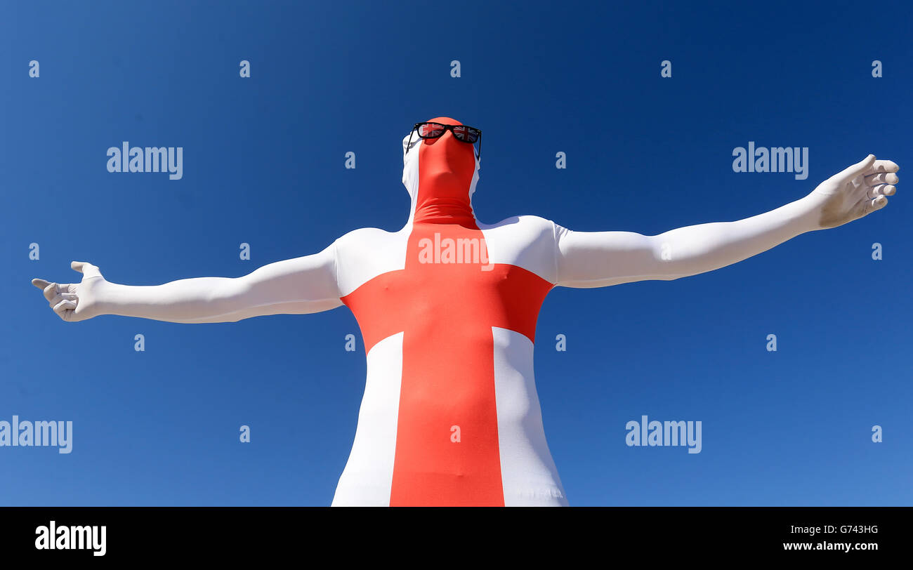 Soccer - FIFA World Cup 2014 - Group D - Costa Rica v England - Estadio Mineirao. An England fan in a morph suit outside the stadium before the FIFA World Cup, Group D match at the Estadio Mineirao, Belo Horizonte, Brazil. Stock Photo