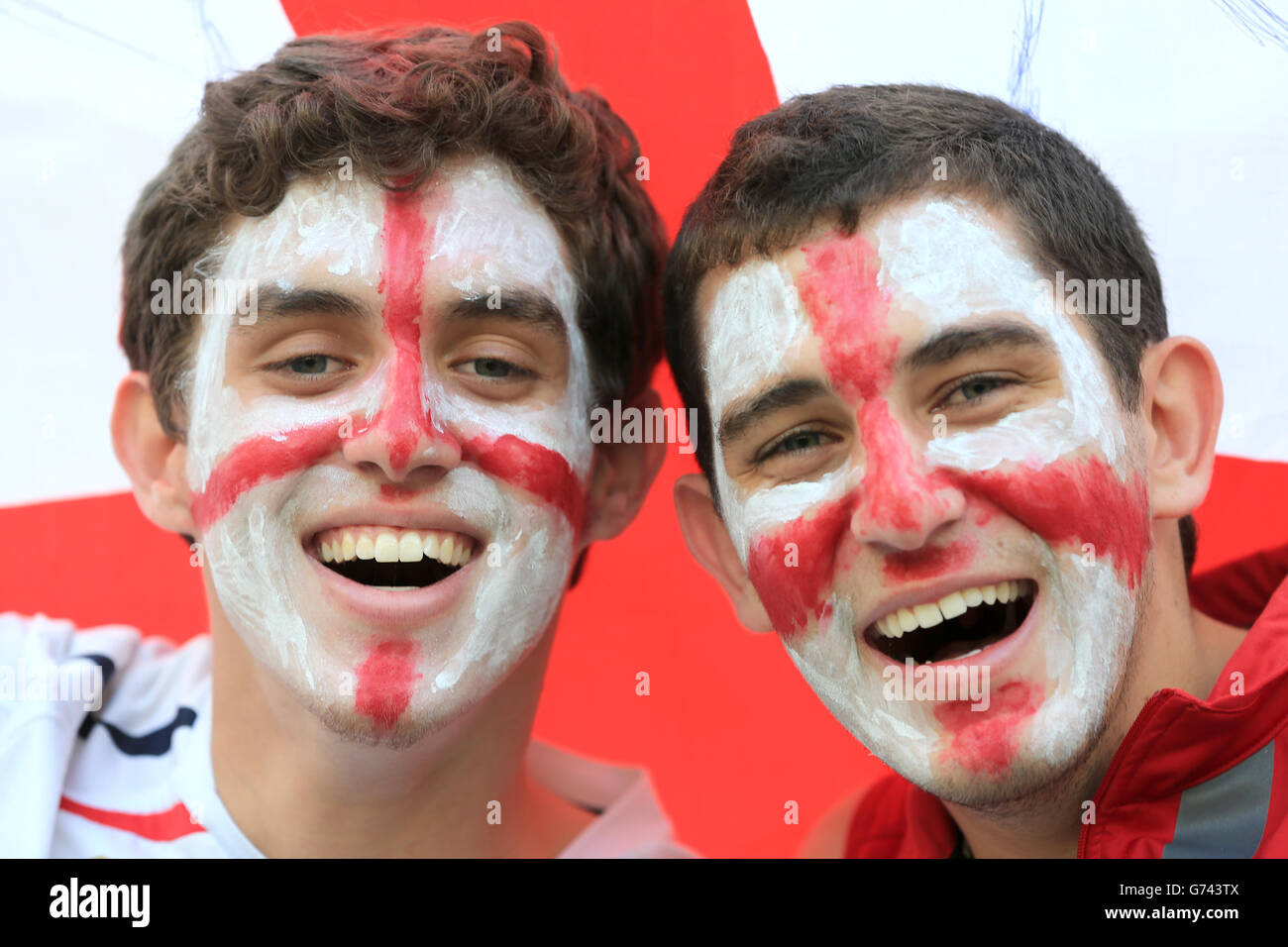 England fans outside the Estadio Mineirao before kick-off of the FIFA World Cup, Group D match at the Estadio Mineirao, Belo Horizonte, Brazil. Stock Photo