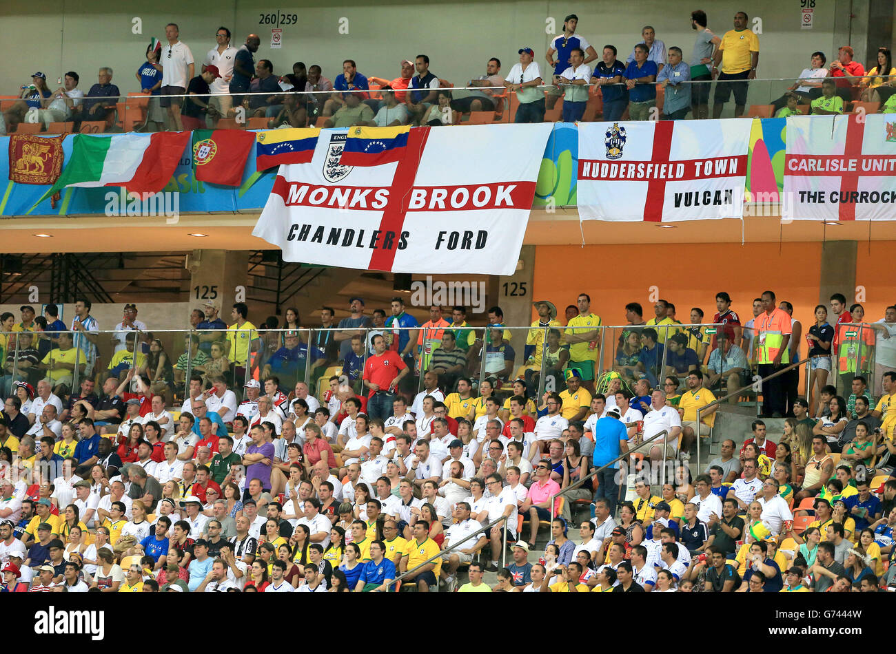 England fans in the stands during the FIFA World Cup, Group D match at the Arena da Amazonia, Manaus, Brazil. Stock Photo