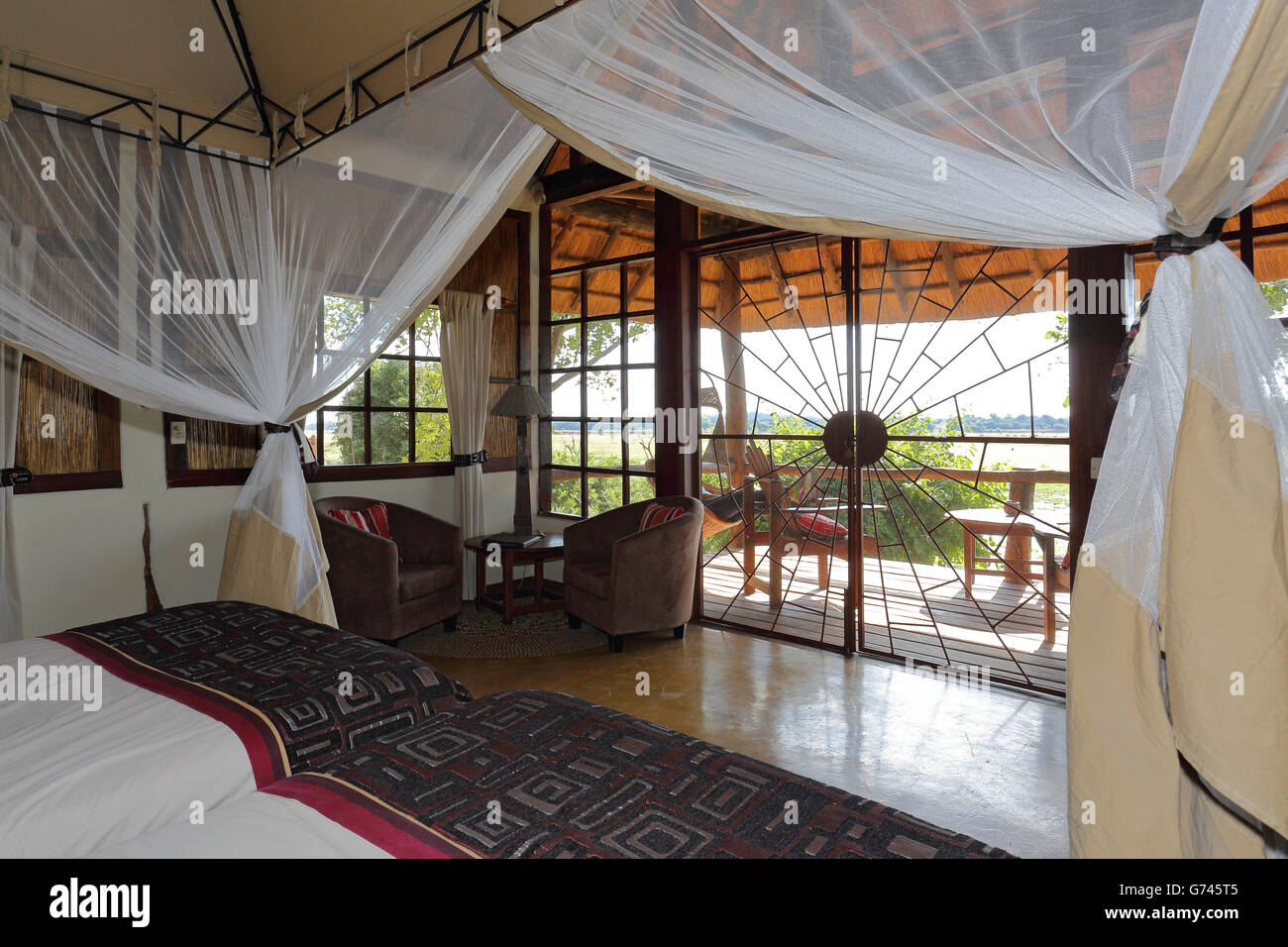 bed, bedroom, hotel, Kafunta River Lodge, Zambia, Africa Stock Photo