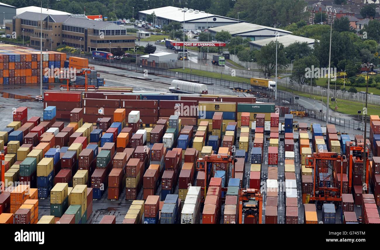 Generic stock from the roof of the grain tower at Port of Liverpool, Seaforth, Merseyside, showing rows of containers inside the port. Stock Photo