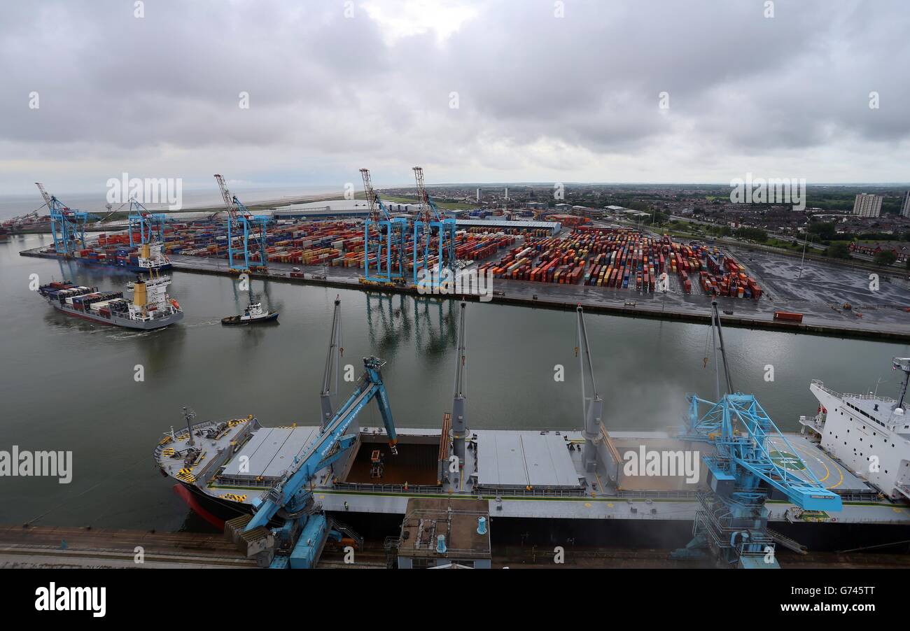 Generic stock from the roof of the grain tower at Port of Liverpool, Seaforth, Merseyside, showing rows of containers inside the port. Stock Photo