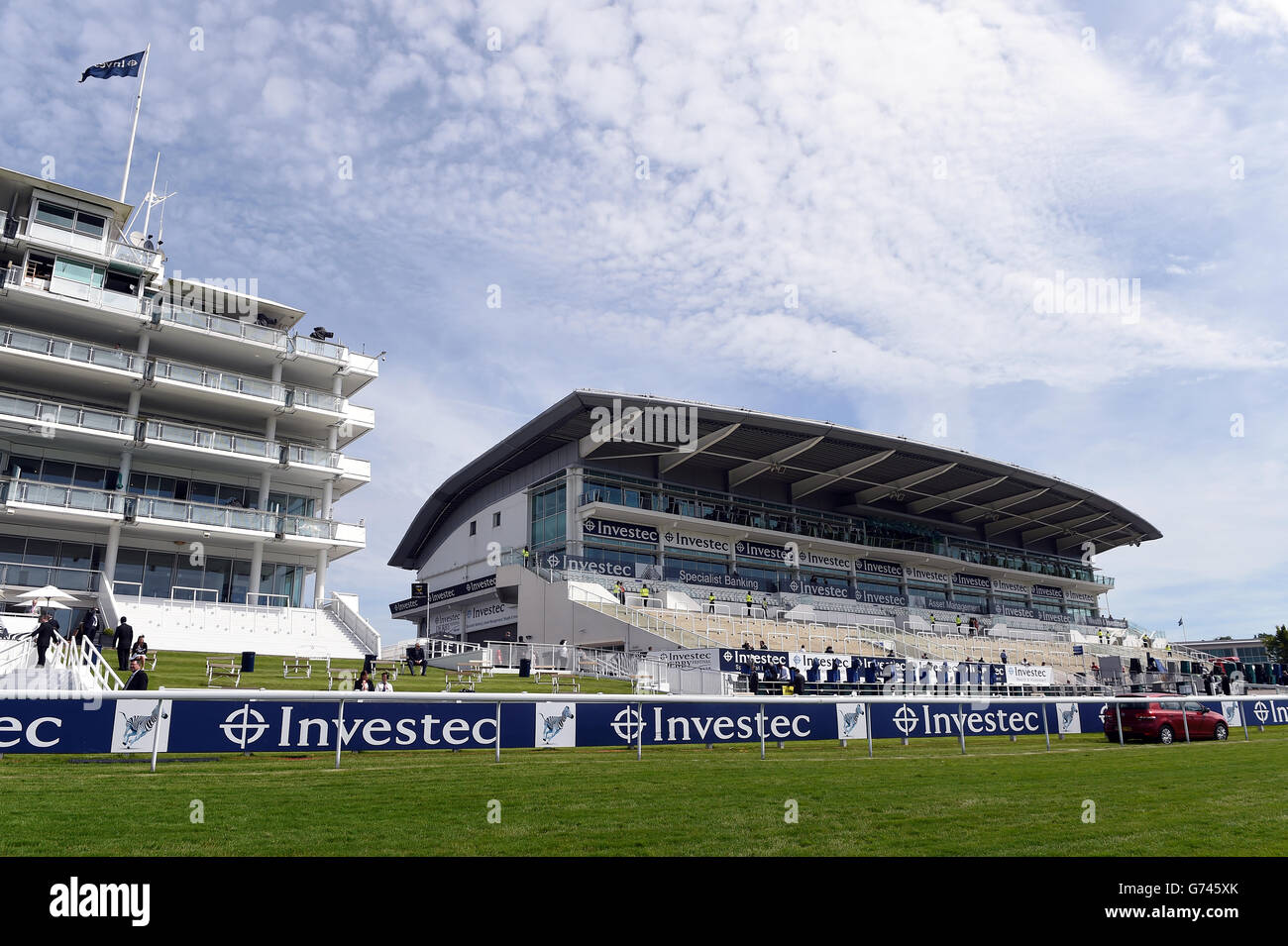 Horse Racing - Investec Ladies Day 2014 - Epsom Downs Racecourse. Investec branded stands during Investec Ladies Day at Epsom Downs Racecourse, Surrey. Stock Photo