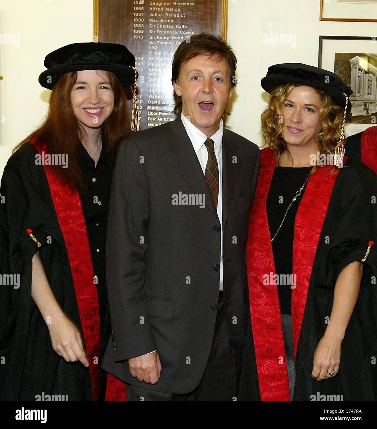 Sir Paul McCartney with two members of the band The Bangles, Vicki Peterson (right) and Michael Steele, who where made companions of the Liverpool Institute for Performing Arts during a ceremony, at The Liverpool Philharmonic Hall, for thier contribution to arts and entertainment and for sharing expertise with LIPA students. Stock Photo