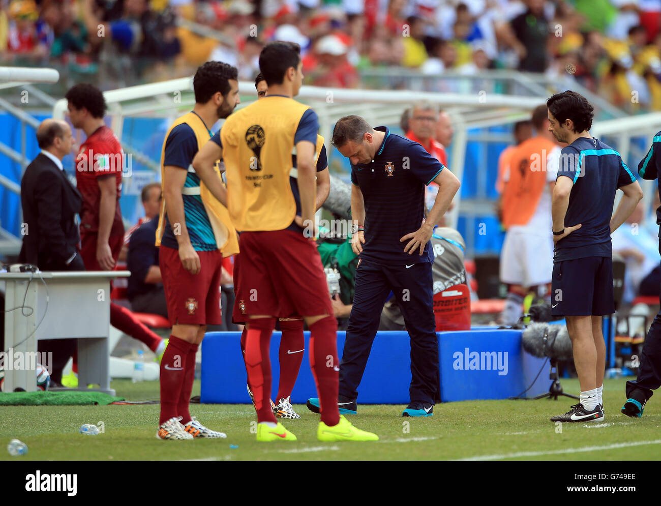Portugal manager Paulo Bento reacts as Pepe (left) walks off after being sent off Stock Photo