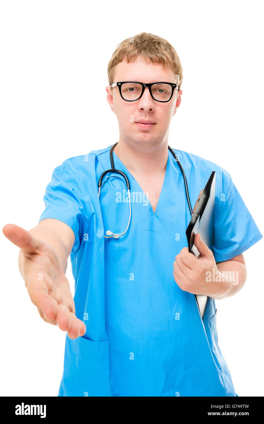 Doctor surgeon extends a hand, portrait on a white background Stock Photo