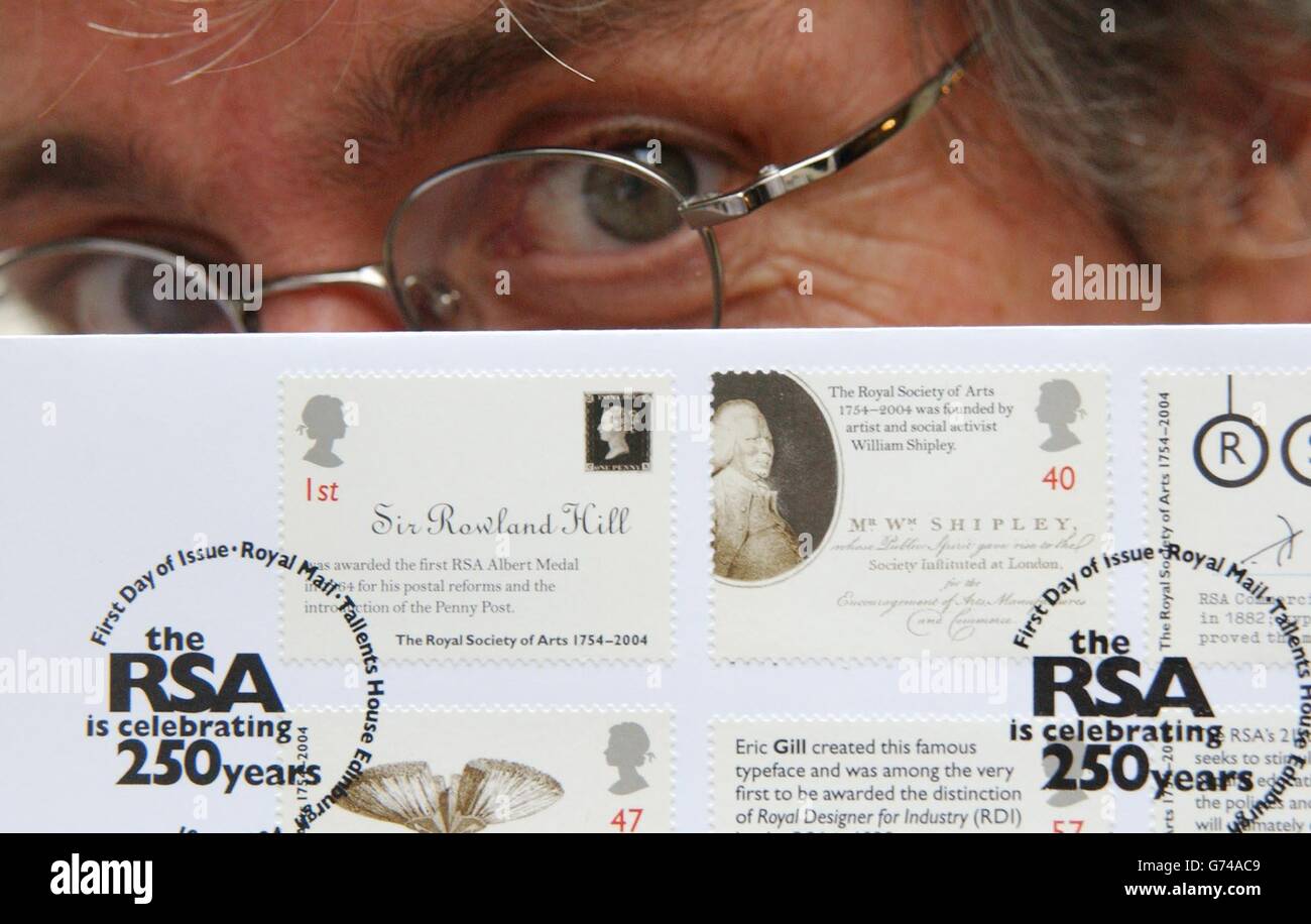 Actor Griff Rhys Jones poses for photographers during a photocall to launch celebratory stamps, marking 250 years of the RSA issued by the Royal Mail, outside the RSA in central London. The set includes the re-issue of the Penny Black, 163 years after the original was first introduced. Stock Photo