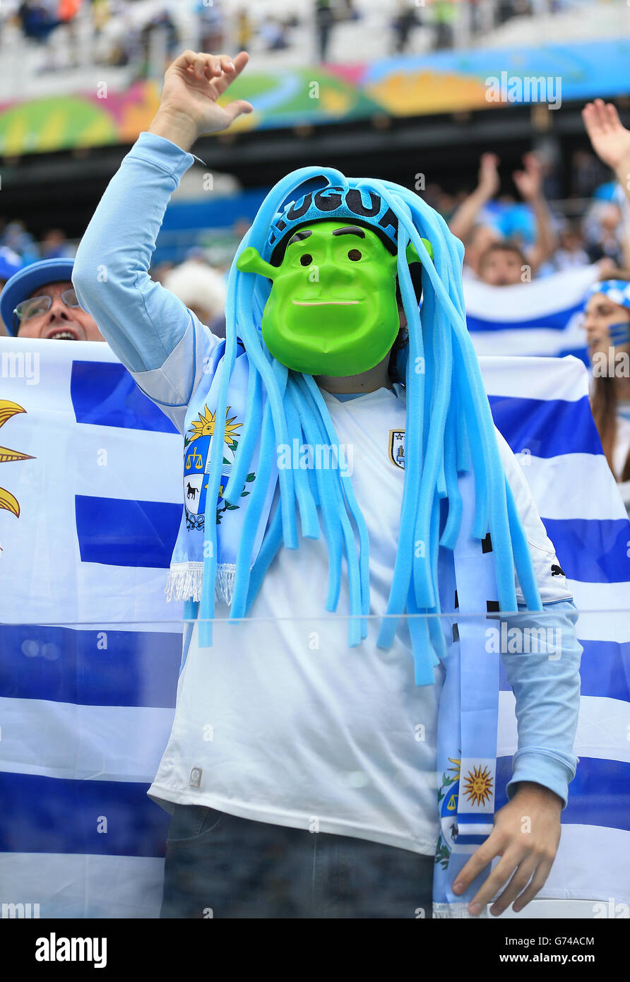 Soccer - FIFA World Cup 2014 - Group D - Uruguay v England - Estadio Do Sao Paulo. A Uruguay fan wearing a mask of Shrek in the stands before the game during the Group D match the Estadio do Sao Paulo, Sao Paulo, Brazil. Stock Photo