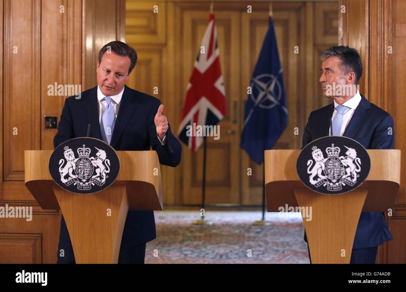 Prime Minister David Cameron and Nato Secretary General Anders Fogh Rasmussen (right) hold a joint news conference in Downing Street, central London. Stock Photo