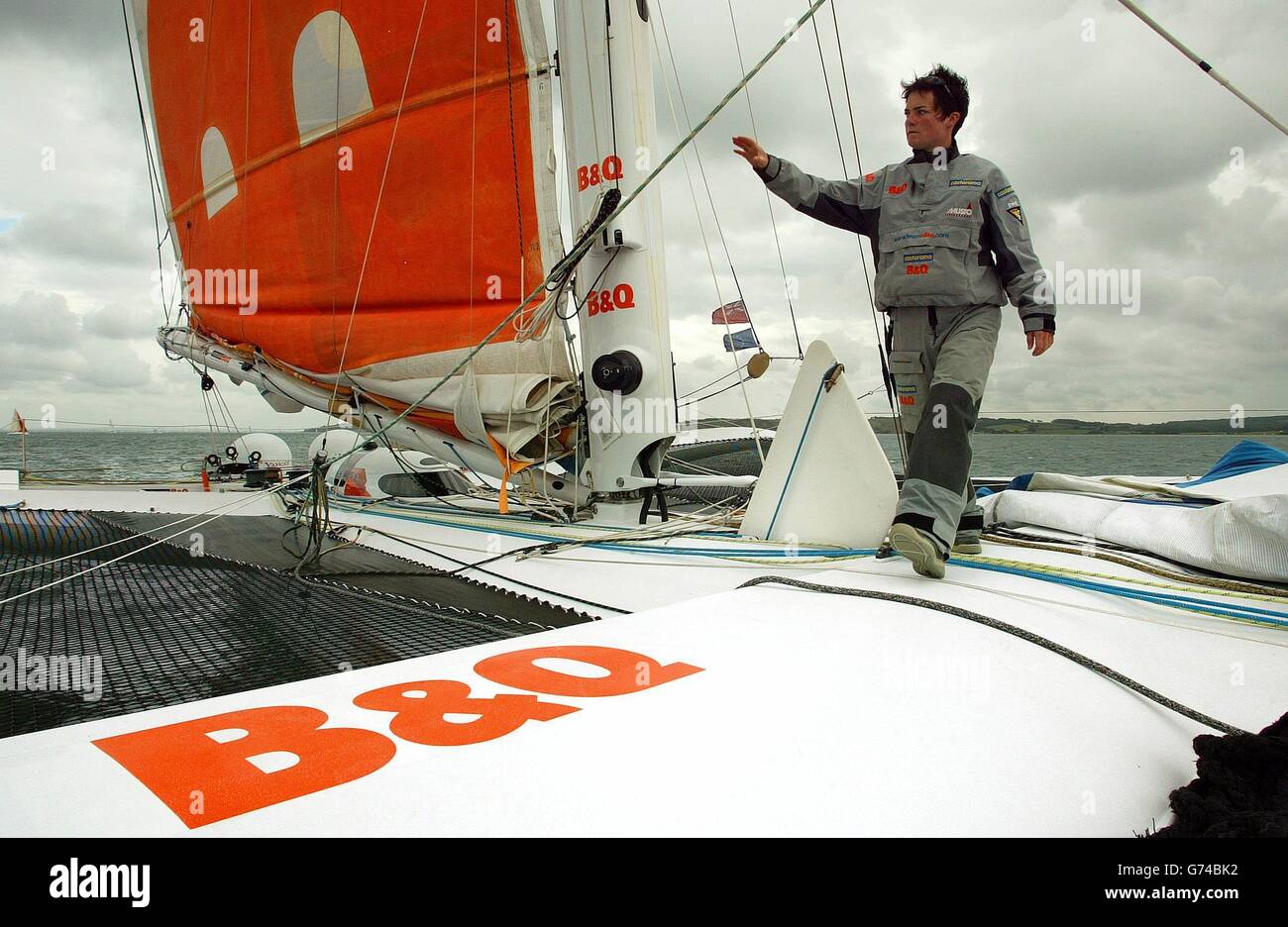 British yachtswoman Ellen MacArthur aboard her 75 foot triamaran