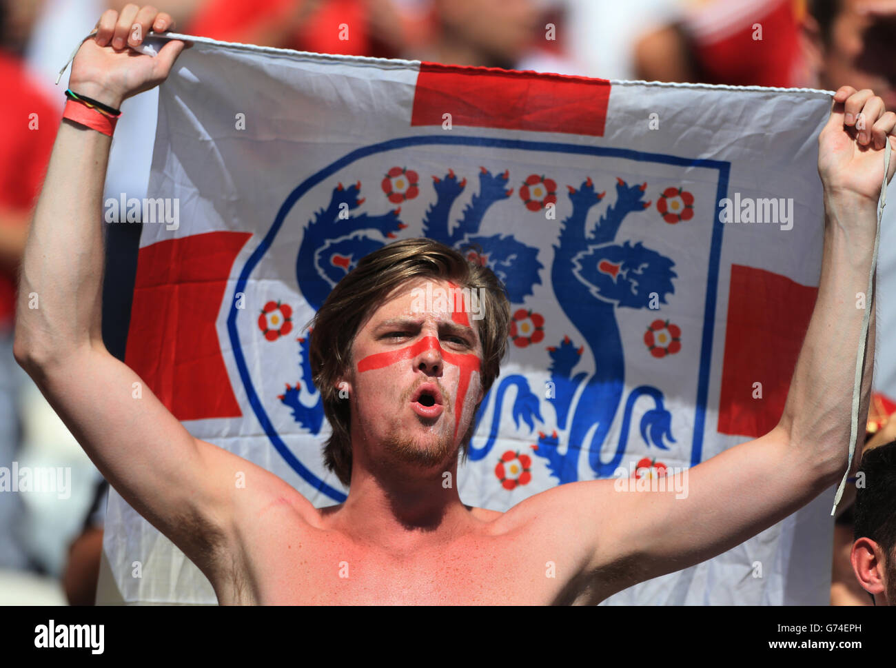 An England fan reacts during the announcement of the Costa Rica team prior to kick off of the FIFA World Cup, Group D match at the Estadio Mineirao, Belo Horizonte, Brazil. Stock Photo