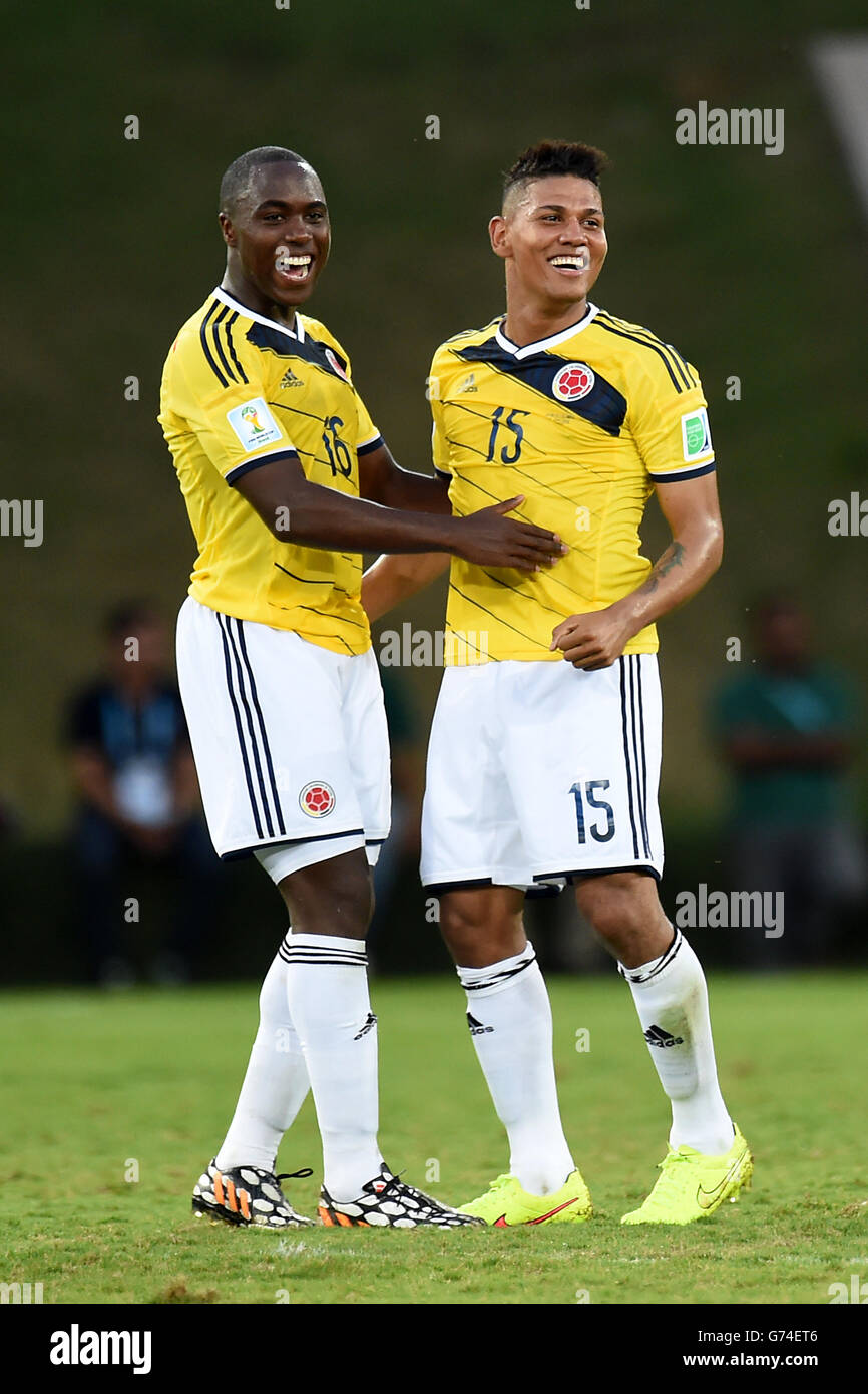 Colombia's Eder Balanta and Colombia's Alexander Mejia celebrate their side's second goal of the game Stock Photo