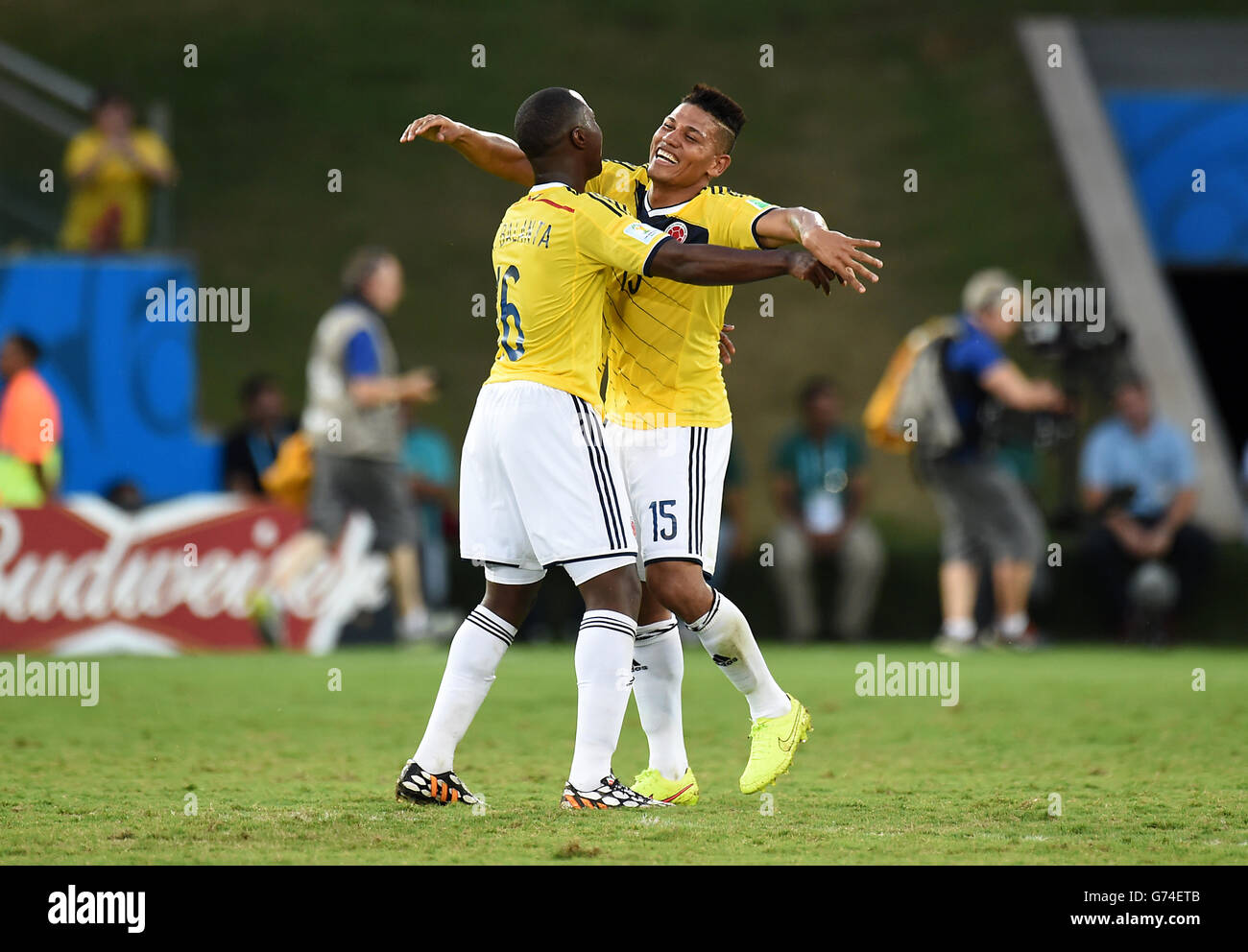 Colombia's Eder Balanta and Colombia's Alexander Mejia celebrate their side's second goal of the game Stock Photo