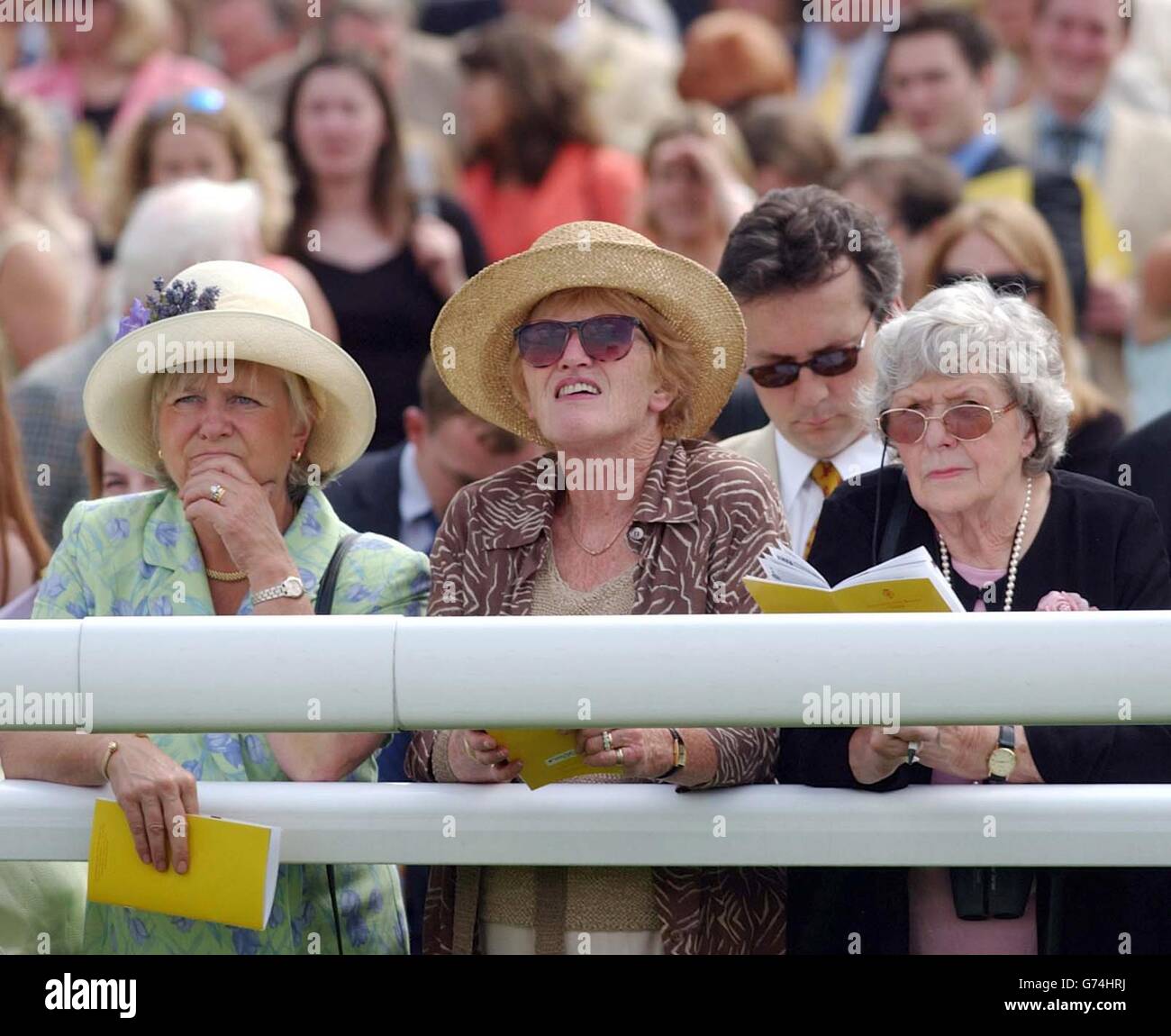 Racing From Goodwood. Race fans watch the giant television screen opposite the main grandstand at Goodwood Races, Sussex. Stock Photo