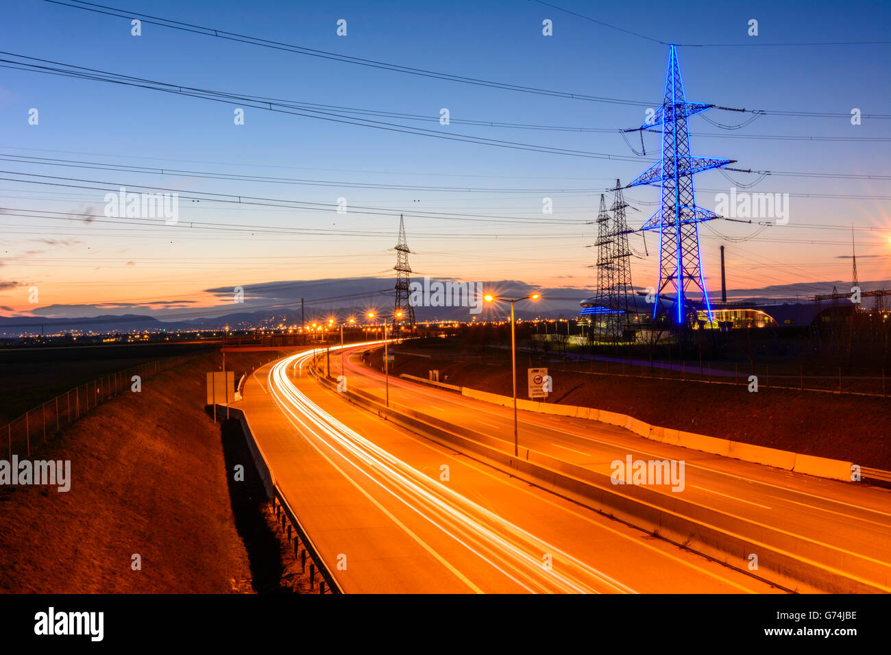 S1 highway and Substation Vienna Southeast Austrian Power Grid ,  spotlighted Pylon, Wien, Vienna, Austria, Wien, 10 Stock Photo - Alamy