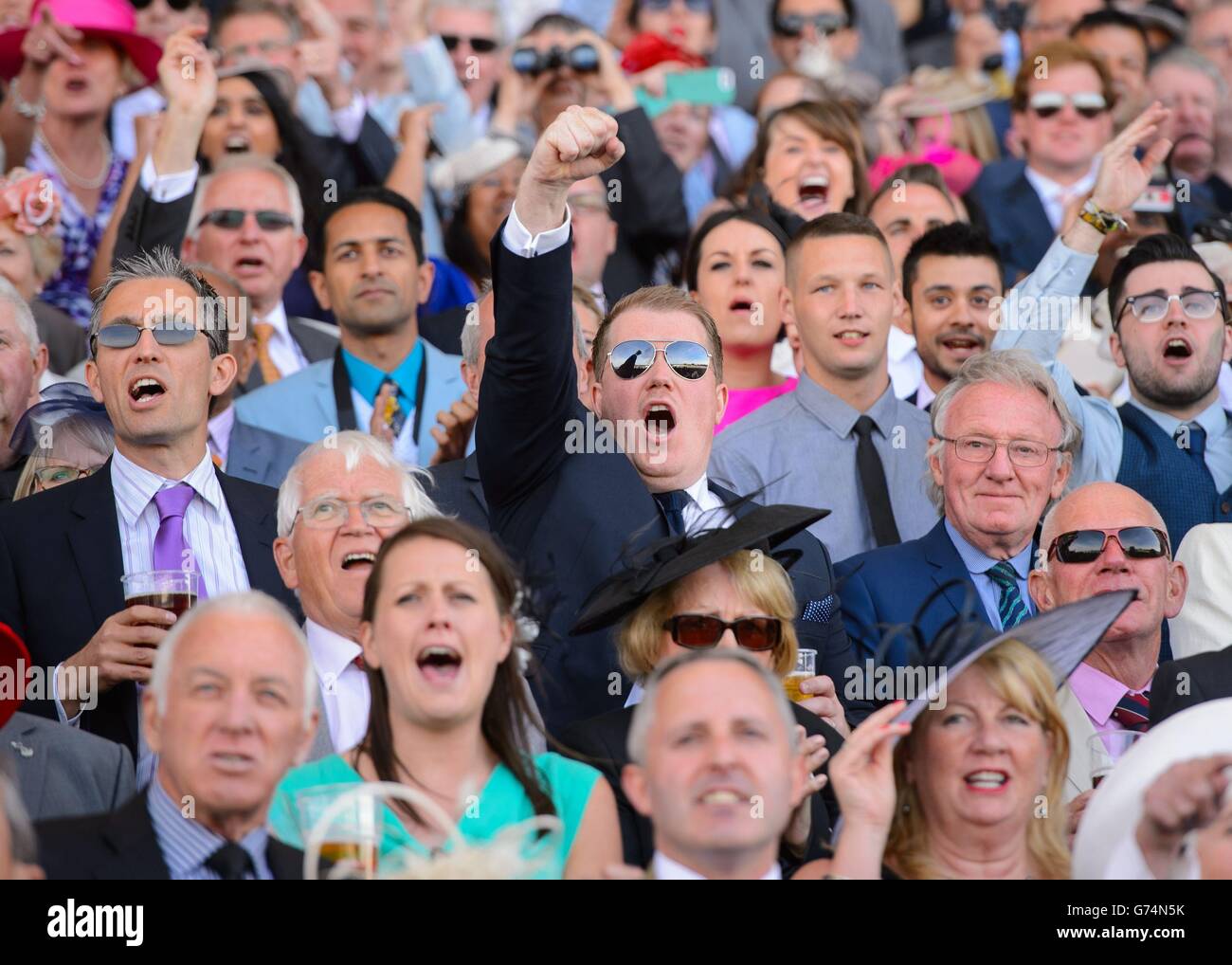 A racegoer cheers as he watches the St James's Palace Stakes through binoculars during Day One of the 2014 Royal Ascot Meeting at Ascot Racecourse, Berkshire. Stock Photo