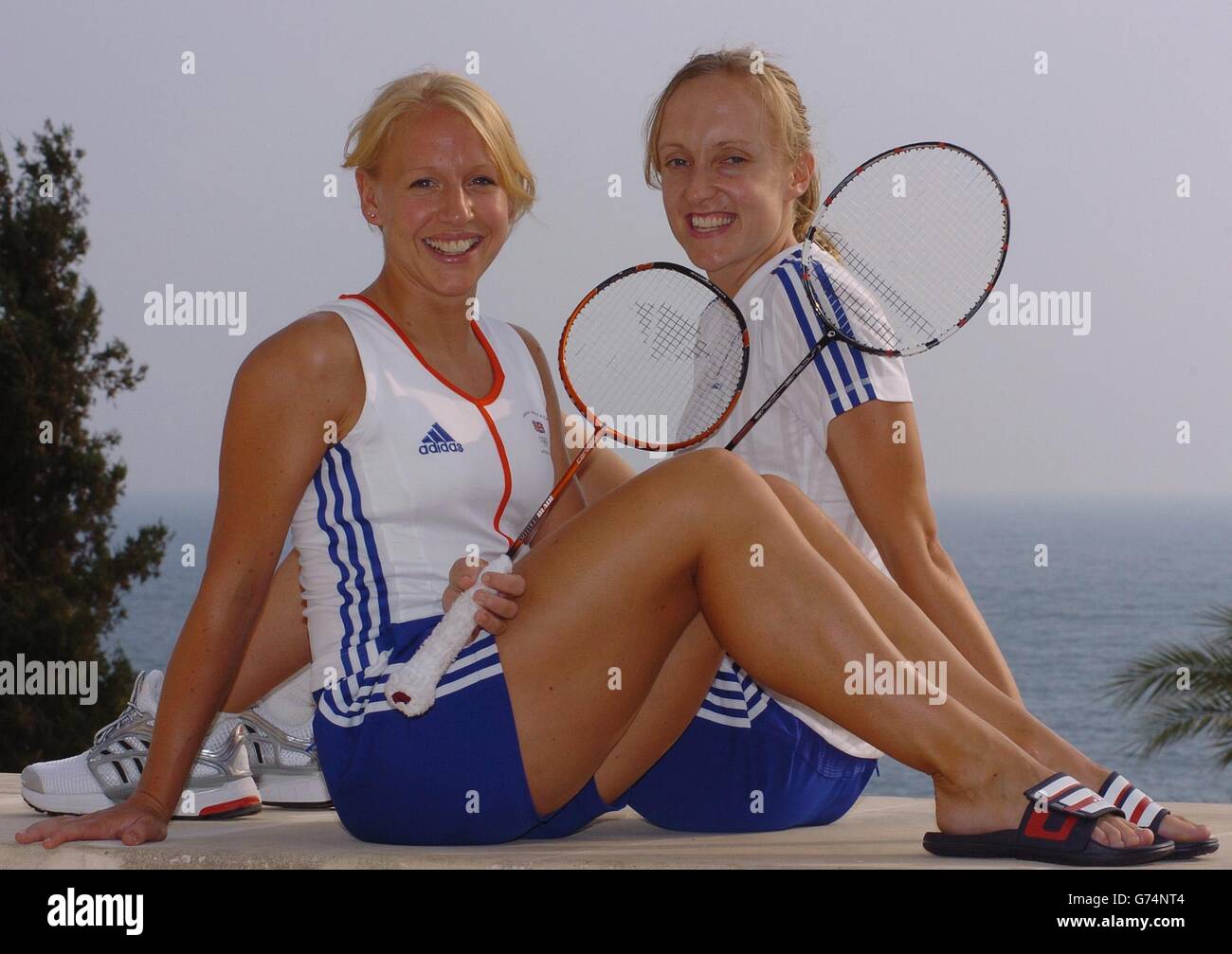Gail Emms (left) from Bedford and Donna Kellogg from Derby, member's of the British olympic Badminton team, in Coral Beach Bay, the GB Olympic Holding Camp in Cyprus. Stock Photo