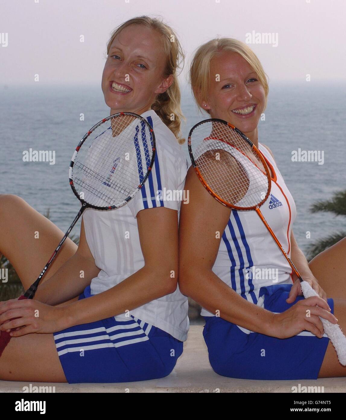 Gail Emms (right) from Bedford and Donna Kellogg from Derby, member's of the British olympic Badminton team, in Coral Beach Bay, the GB Olympic Holding Camp in Cyprus. Stock Photo