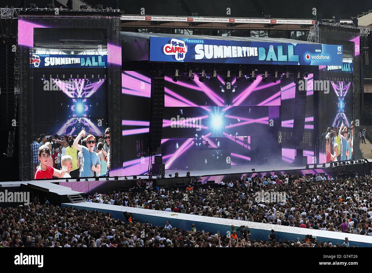 A view of the mains stage as Calvin Harris plays during Capital FM's Summertime Ball at Wembley Stadium, London. Stock Photo