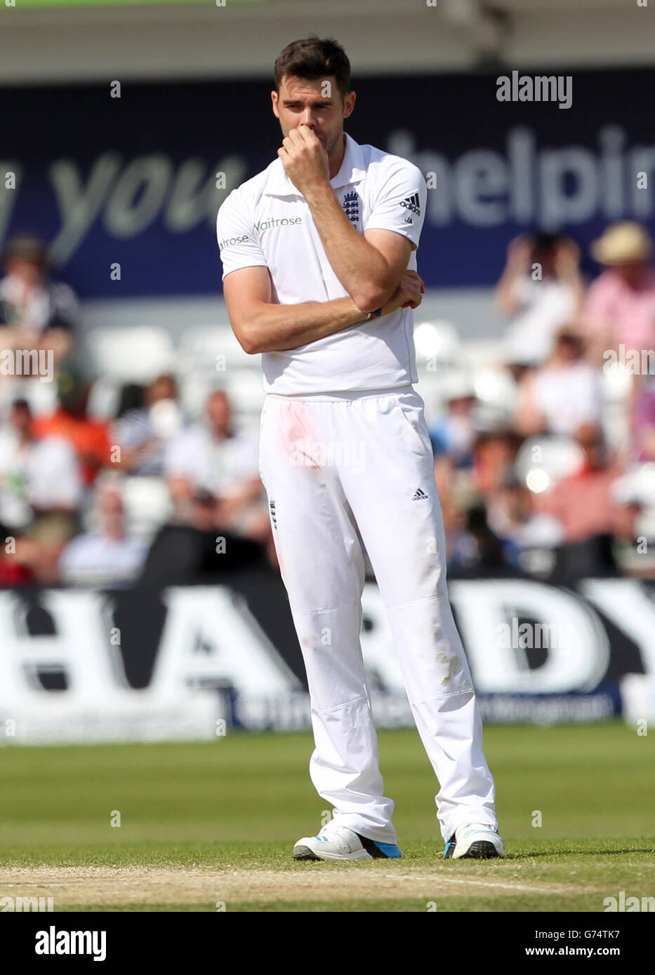 Cricket - Investec Test Series - Second Test - Day Four - England v Sri Lanka - Headingley. England's James Anderson reacts after having an appeal turned down Stock Photo