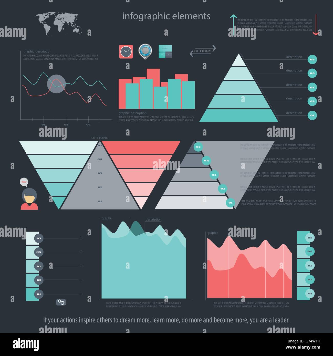 set of infographic elements isolated on dark background. vector timeline and option graph symbol. pyramid info graphic icons wit Stock Vector