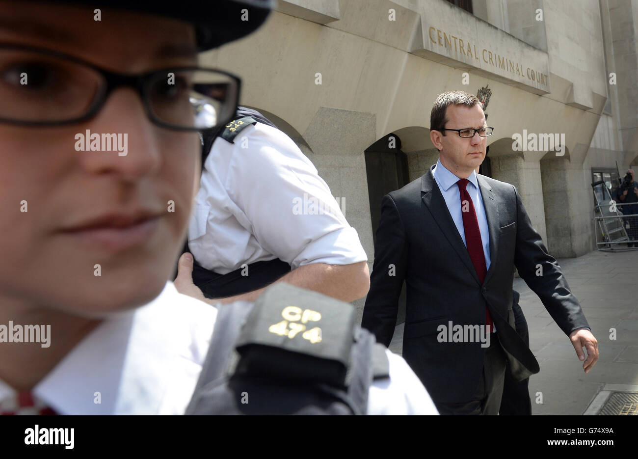 Former News of the World editor Andy Coulson leaves the Old Bailey in London, after Prime Minister David Cameron was heavily criticised for almost collapsing the phone hacking trial in its final stages by commenting on ex No 10 spin doctor Andy Coulson's conviction for phone hacking while the jury was still deliberating. Stock Photo