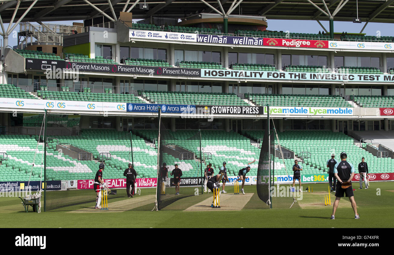 Cricket - LV= County Championship - Division Two - Day One - Surrey v Leicestershire - The Kia Oval. General view of a net session before the Stock Photo