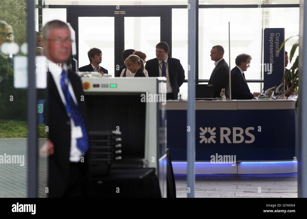Security at the RBS (Royal Bank of Scotland) annual general meeting in Gogarburn, Scotland. Stock Photo