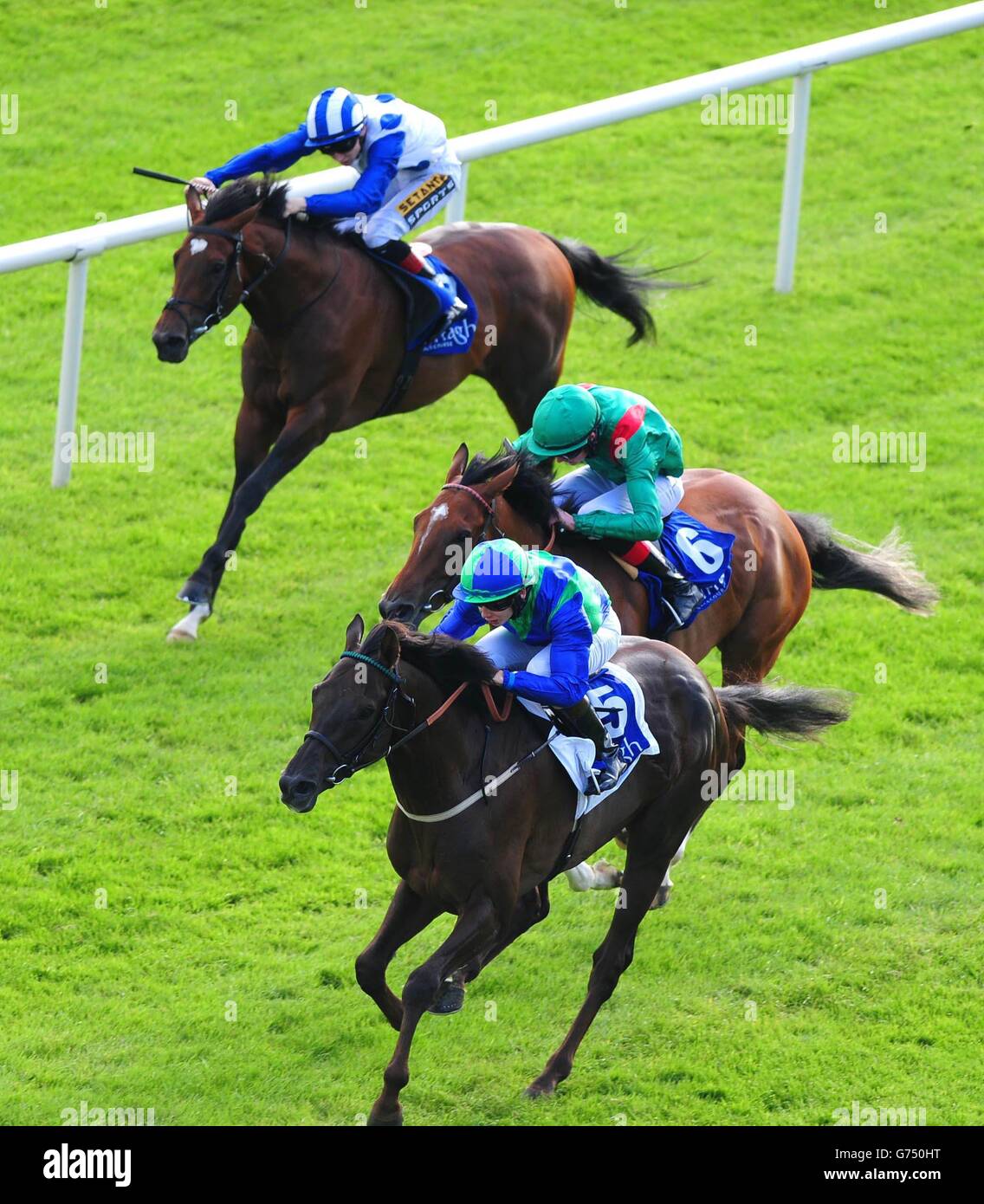 News at Six ridden by Ronan Whelan wins the Done Deal Apprentice Derby during the Dubai Duty Free Irish Derby at Curragh Racecourse, Co Kildare, Ireland. Stock Photo