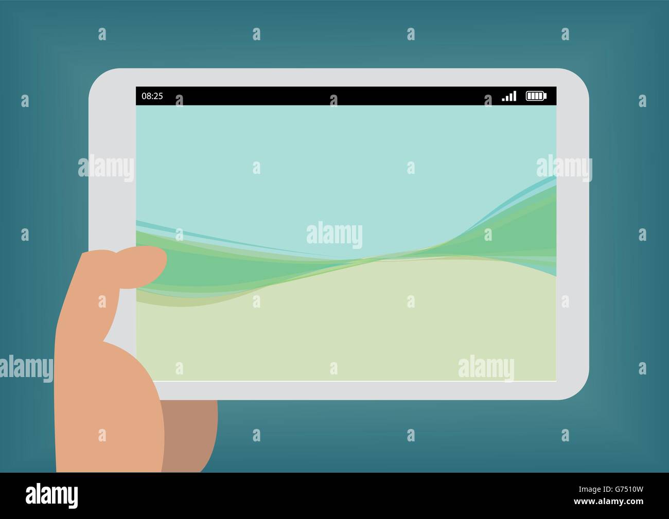Vector illustration of hand holding white tablet with floating background wallpaper Stock Vector