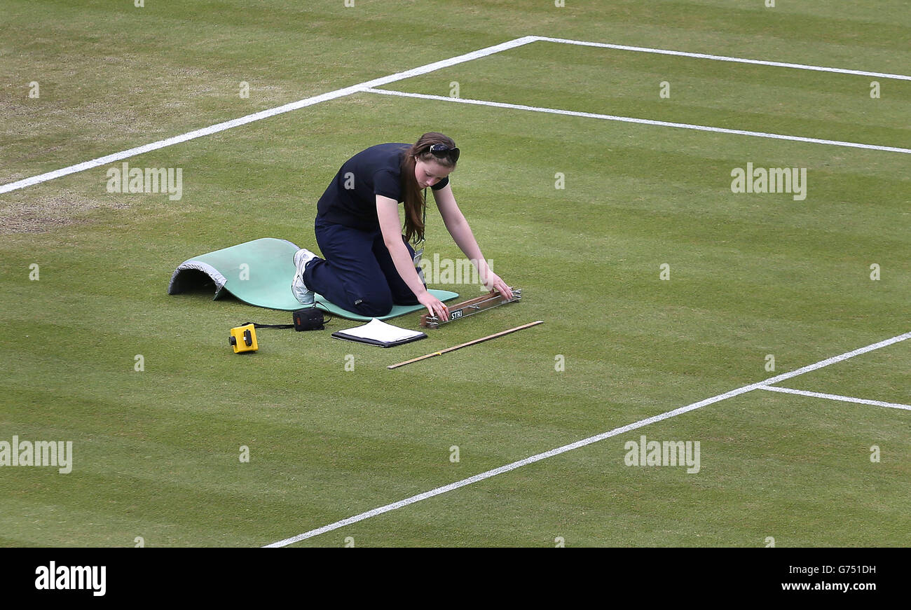 Laura Budimir, a research officer for the Sports Turf Research Institute checks live grass cover on Court 1 on day six of the Wimbledon Championships at the All England Lawn Tennis and Croquet Club, Wimbledon. Stock Photo