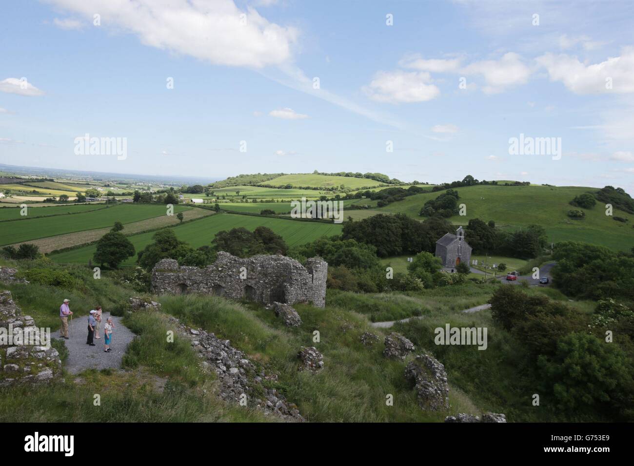 The view from The Rock of Dunamase, County Laois, during a period of hot weather. Stock Photo