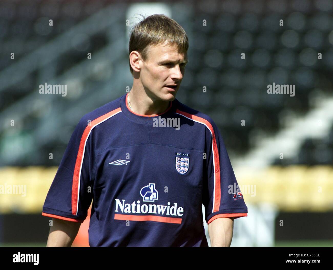 England's Teddy Sheringham training at Pride Park, Derby. * 30/9/01: Teddy Sheringham has been recalled to the England squad for the World Cup qualifier against Greece as Frank Lampard paid the price for his recent drinking spree as he was dropped. With Michael Owen and Alan Smith out injured, Sheringham won a recall ahead of Chris Sutton or Kevin Phillips, while West Ham's Trevor Sinclair also won his first England summons since February. . Stock Photo