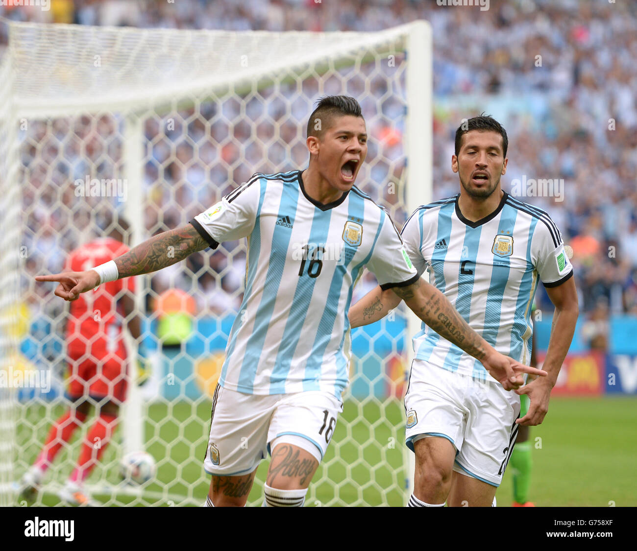Argentina's Marcos Rojo celebrates scoring his teams third goal of the game Stock Photo