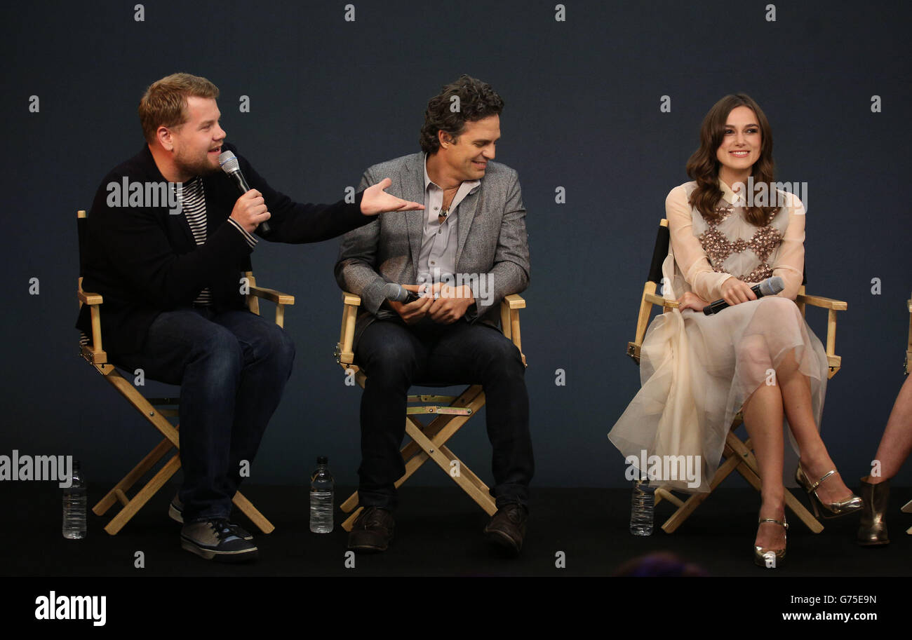 (Left - right) James Corden, Mark Ruffalo and Keira Knightley attending the Meet the Cast from Begin Again event held at the Apple Store, Regent Street, London. Stock Photo