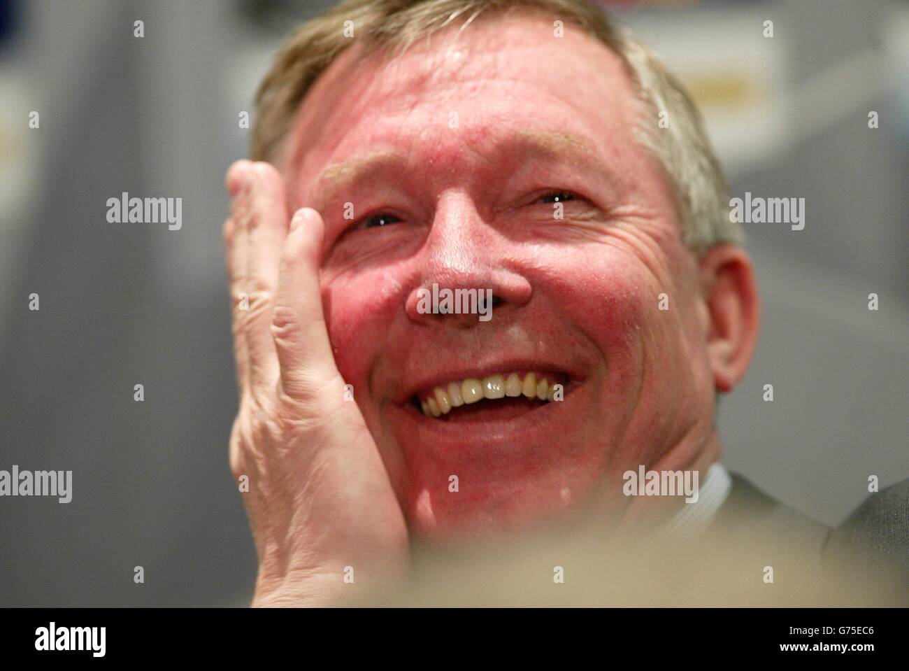 Manchester United manager Sir Alex Ferguson speaking at a press conference before tomorrow night's Champions League match against Depotivo La Coruna at Old Trafford. Stock Photo
