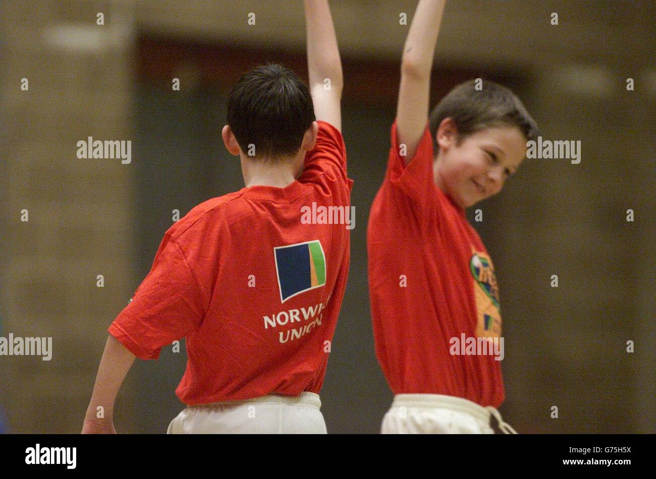 Liam McIsaac (left) and Daniel White, celebrate taking a wicket for the Thetford side against King Edward Seventh opponents, during the Norwich Union Cricket Tournament, Thetford, Norfolk. Stock Photo