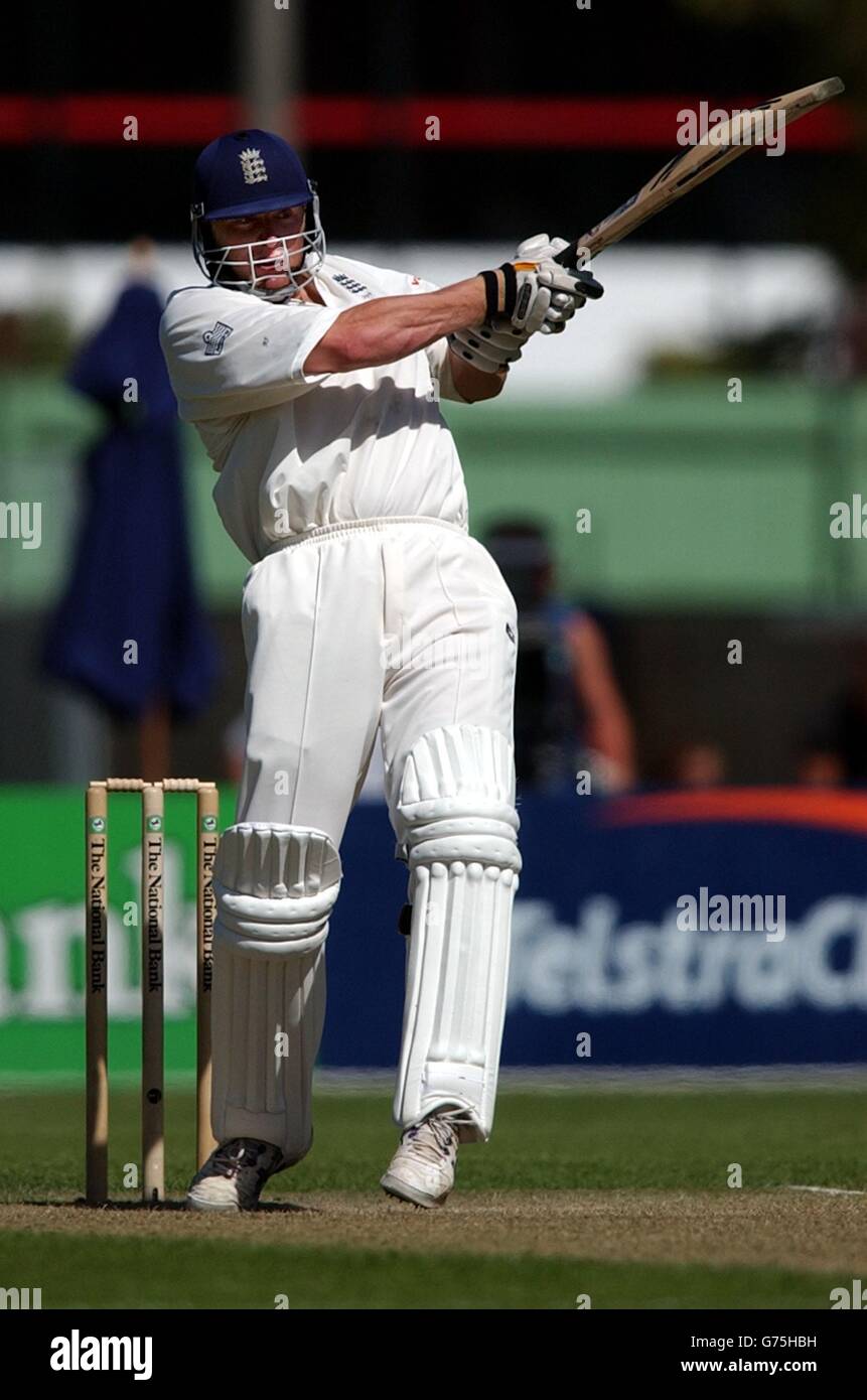 England's Andrew Flintoff in action during the third day of the first test match against New Zealand at Jade Stadium, Christchurch, New Zealand. * Thorpe and Flintoff put on a partnership of 281 which is a new sixth-wicket England record and is the highest partnership ever by an English pair against New Zealand. Flintoff scored 137 and Thorpe finished on 200 not out. Stock Photo