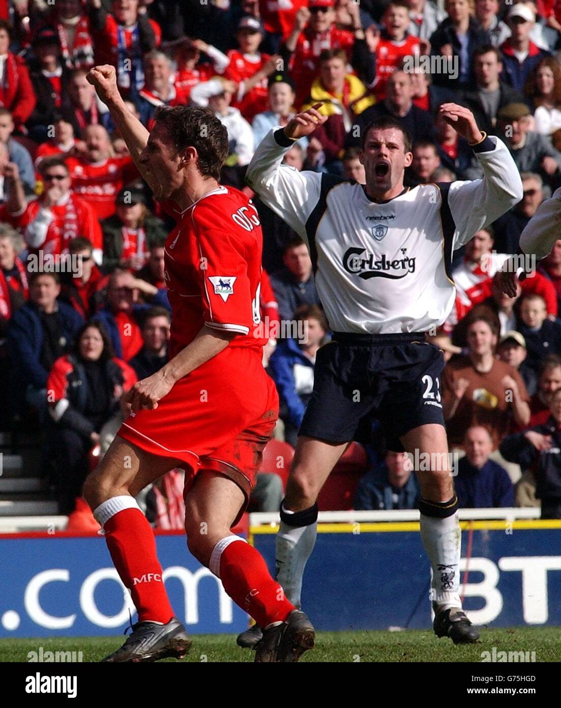 Middlesbrough's Gareth Southgate celebrates his teams goal against Liverpool during their FA Barclaycard Premiership match at Middlesbrough's Cellnet Riverside Stadium. ** Stock Photo