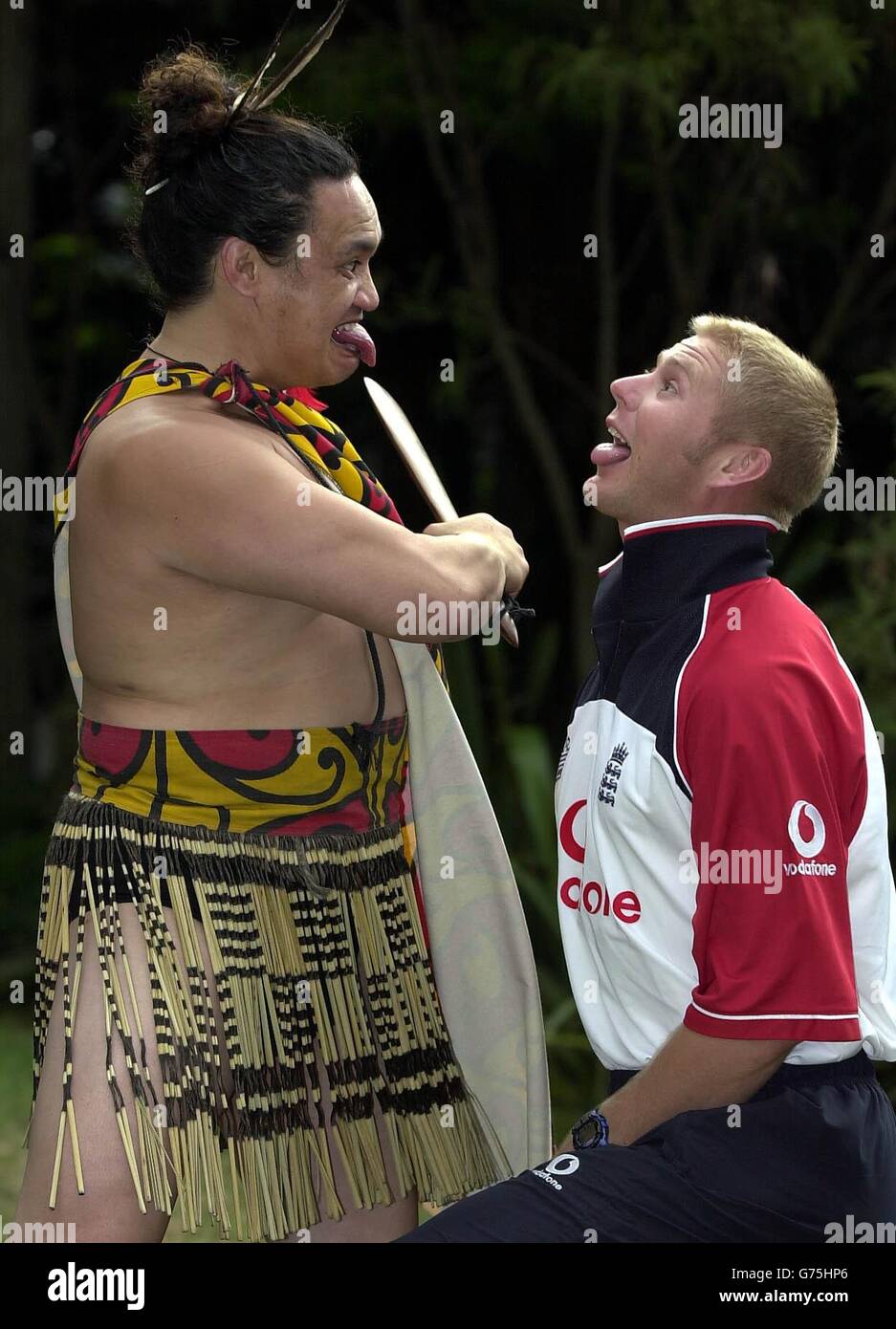 England's Matthew Hoggard meets a Maori warrior in Wellington, New Zealand. Stock Photo
