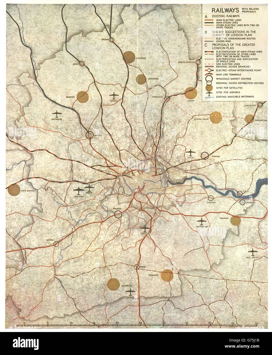 GREATER LONDON PLAN. Railways electrification airports. ABERCROMBIE, 1944 map Stock Photo