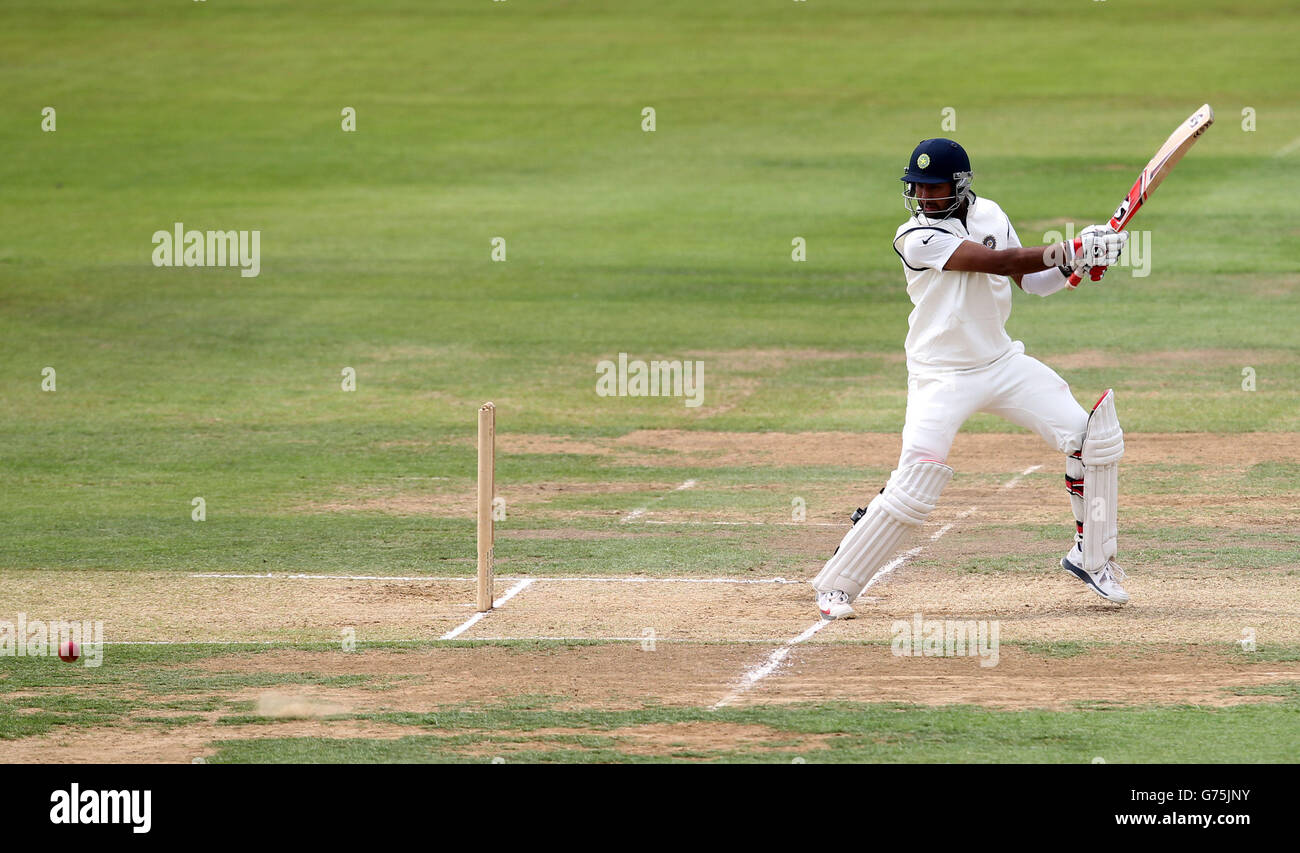 Indians' Cheteshwar Pujara bats during day two of the Internationa warm up match at The 3aaa County Ground, Derby. Stock Photo