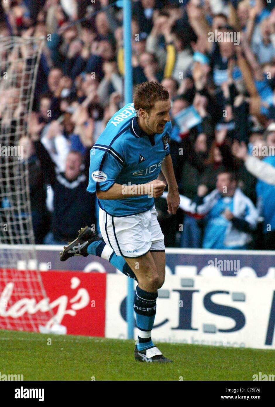 Manchester City's Darren Huckerby celebrates scoring a hat trick against Barnsley in his side's 5-1 win in their Nationwide Division One match at Manchester City's Maine Road stadium. NO UNOFFICIAL CLUB WEBSITE USE. Stock Photo